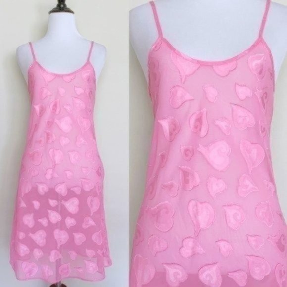 Victoria's Secret Other - Y2K Victoria’s Secret Sheer Pink Heart Print Slip Nightgown Babydoll Lingerie XS
